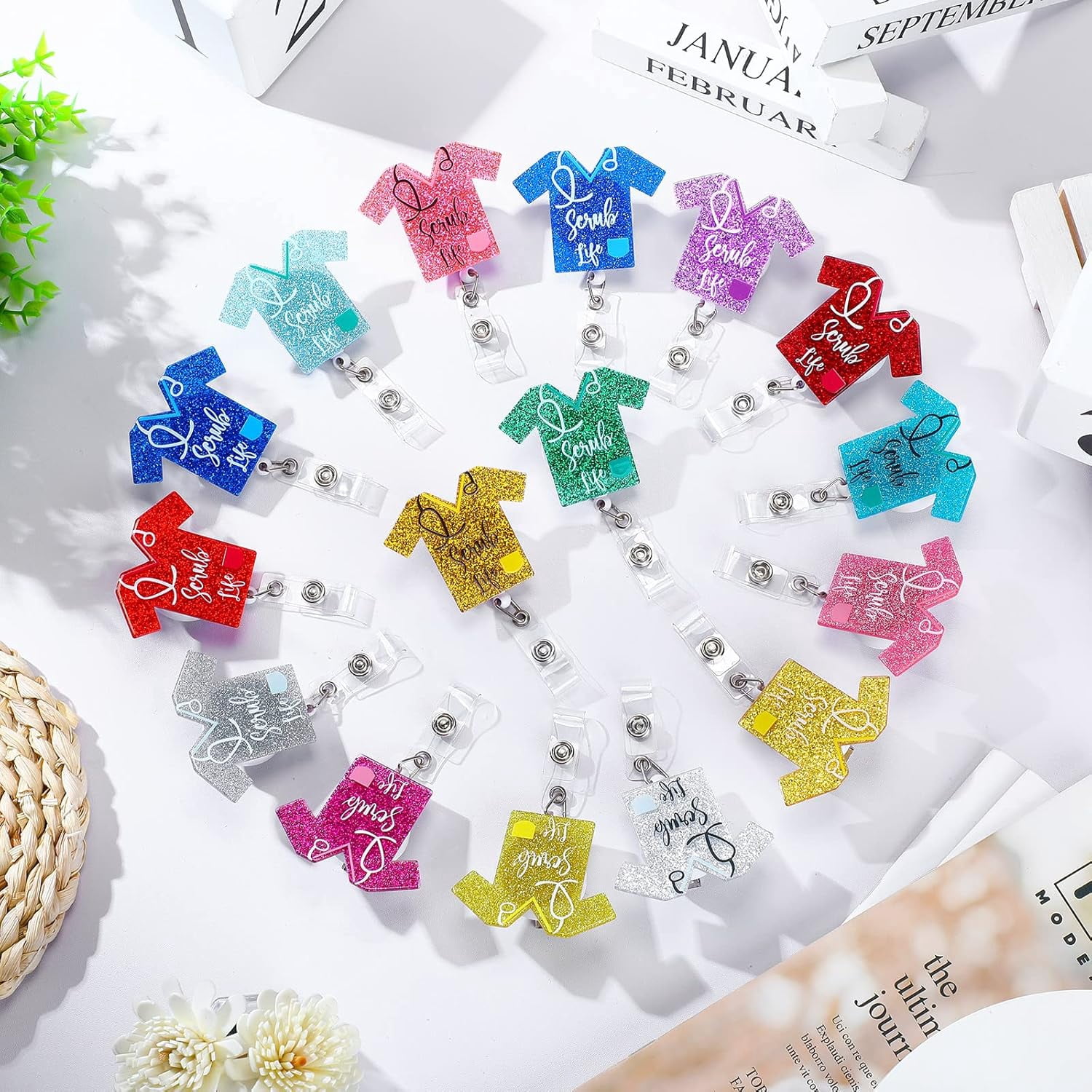 16 Pieces Nurse Retractable Badge Reel Holder Glitter Badge Clip Scrub Life Id Name Badge Holder Nurse Teacher Student
