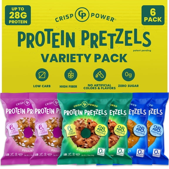 CRISP POWER Protein Pretzels, Variety Pack With Sea Salt, Sesame, & Everything, Up To 28G Protein, High Protein Snack, High Fiber, Low Carb Crunchy Pretzel Snacks, No Added Sugar, 1.75 oz Bags, 6 Pac