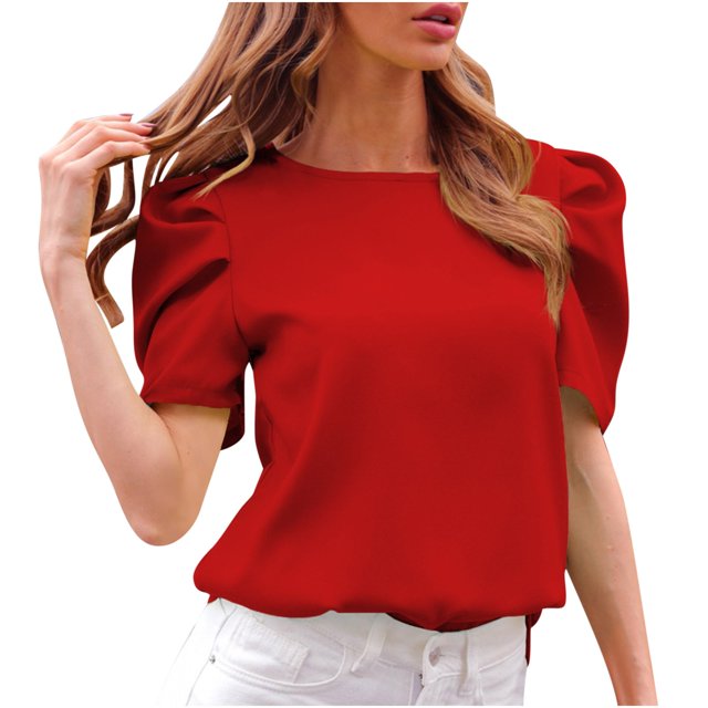 Yuyuzo Blouses pour Femmes Élégantes Décontractées Manches Courtes Bouffantes Col Rond Haut de Travail