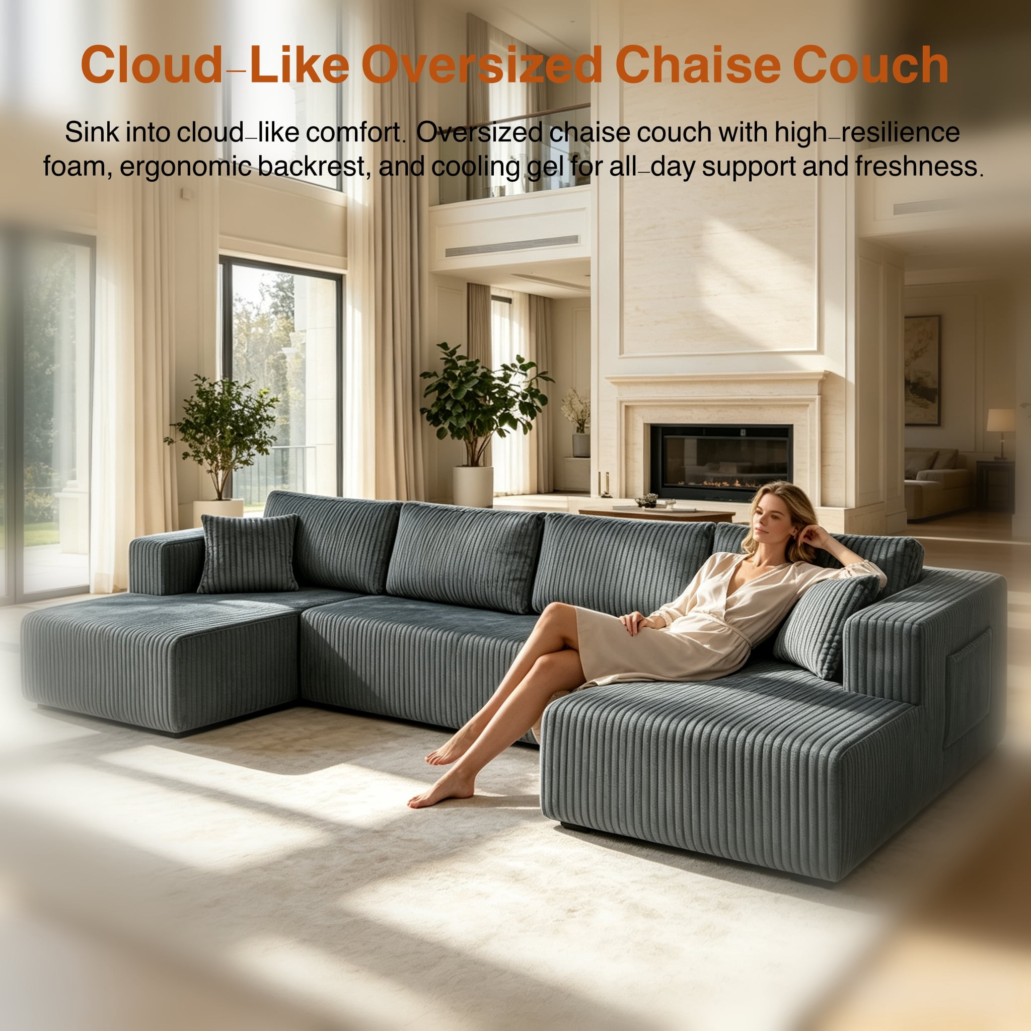 ShiKeyi 132.5" Modern U-Shaped Modular Sectional Sofa with Double Chaise, Corduroy Fabric Cloud Couch Set with Storage Pockets for Living Room, No Assembly Required, Drak Gray
