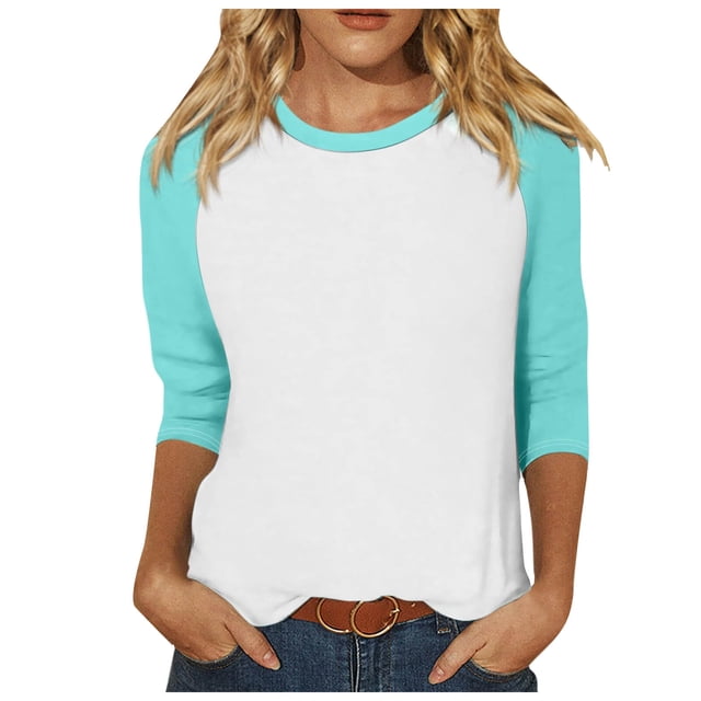 TSADFHJI Hauts d'Été pour Femmes Grande Taille Haut à Manches 3/4 Décontracté Polyvalent Raglan Col Rond Chemise Décontractée L Vert Menthe