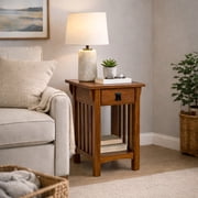 Leick Home 8202 Mission Impeccable End Table with Drawer, Made with Solid Wood, Narrow Side Table for Living Room, Bedroom, Medium Oak Finish
