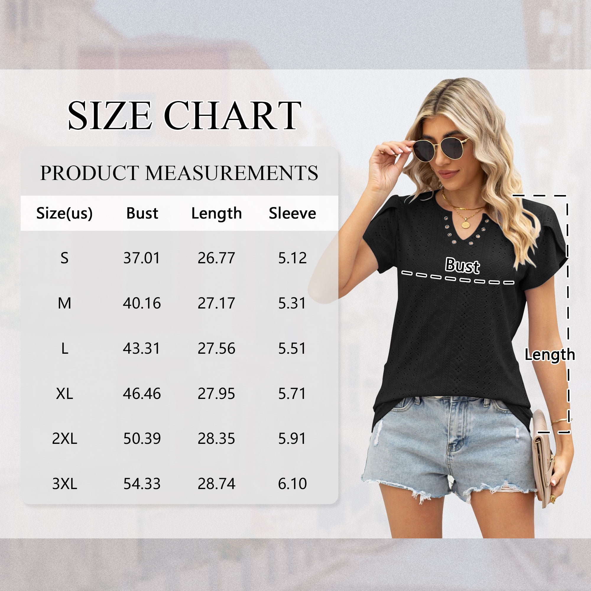 TEMOFON Women T-shirts Summer Short Sleeve Tops Casual Ruffle Sleeve Tunic Tops Trendy V Neck Tops Loose Ladies Shirts Blouses Black M