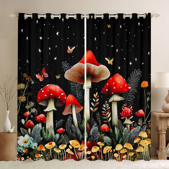jejeloiu Colorful Fungus Black Out Curtains,Red Brown Mushroom Curtains Pack of 2 (42x63 Each),Rustic Flower Floral Bedroom Curtains For Girls,Breathable Home Decor