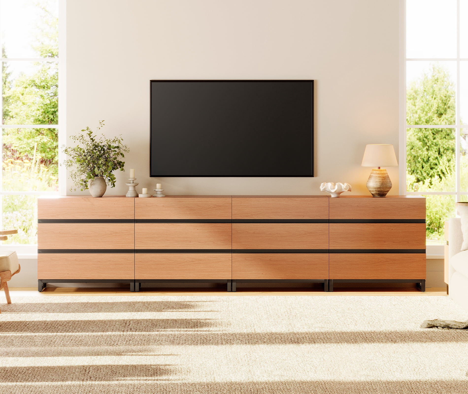 WAMPAT Modern TV Stand with 3 Tiers Bookshelf, Farmhouse Entertainment Center with 12 Drawers and Adjustable Shelf, Wooden Media TV Console with Black Metal Leg for Living Room, Mocha