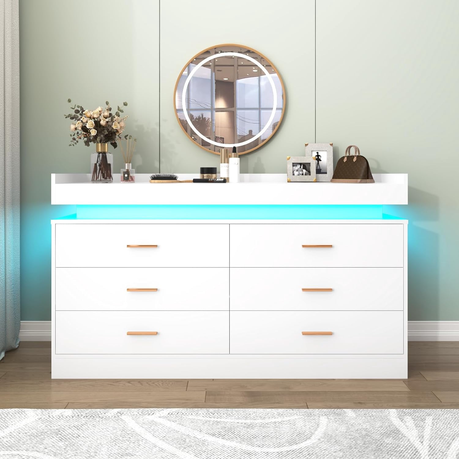 ChVans White Dresser with LED Light and Charging Station, Modern Wood Dresser with Wide Drawers and Metal Handles, 6 drawer dresser for Bedroom, Living Room, Entryway, Hallway