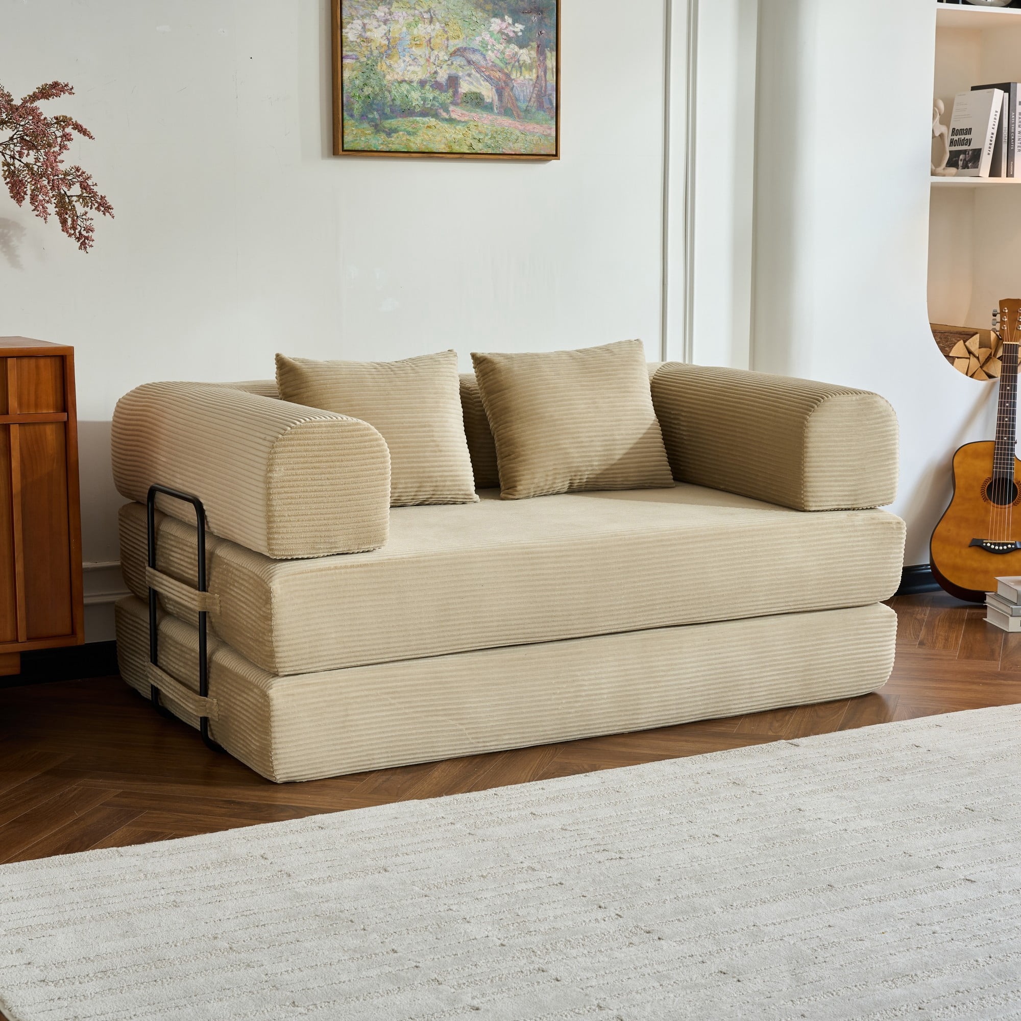 BSHTI 59" Corduroy Convertible Sleeper Sofa Bed with Cylindrical Pillow, No Assembly, Small Space for Living Room（Beige）