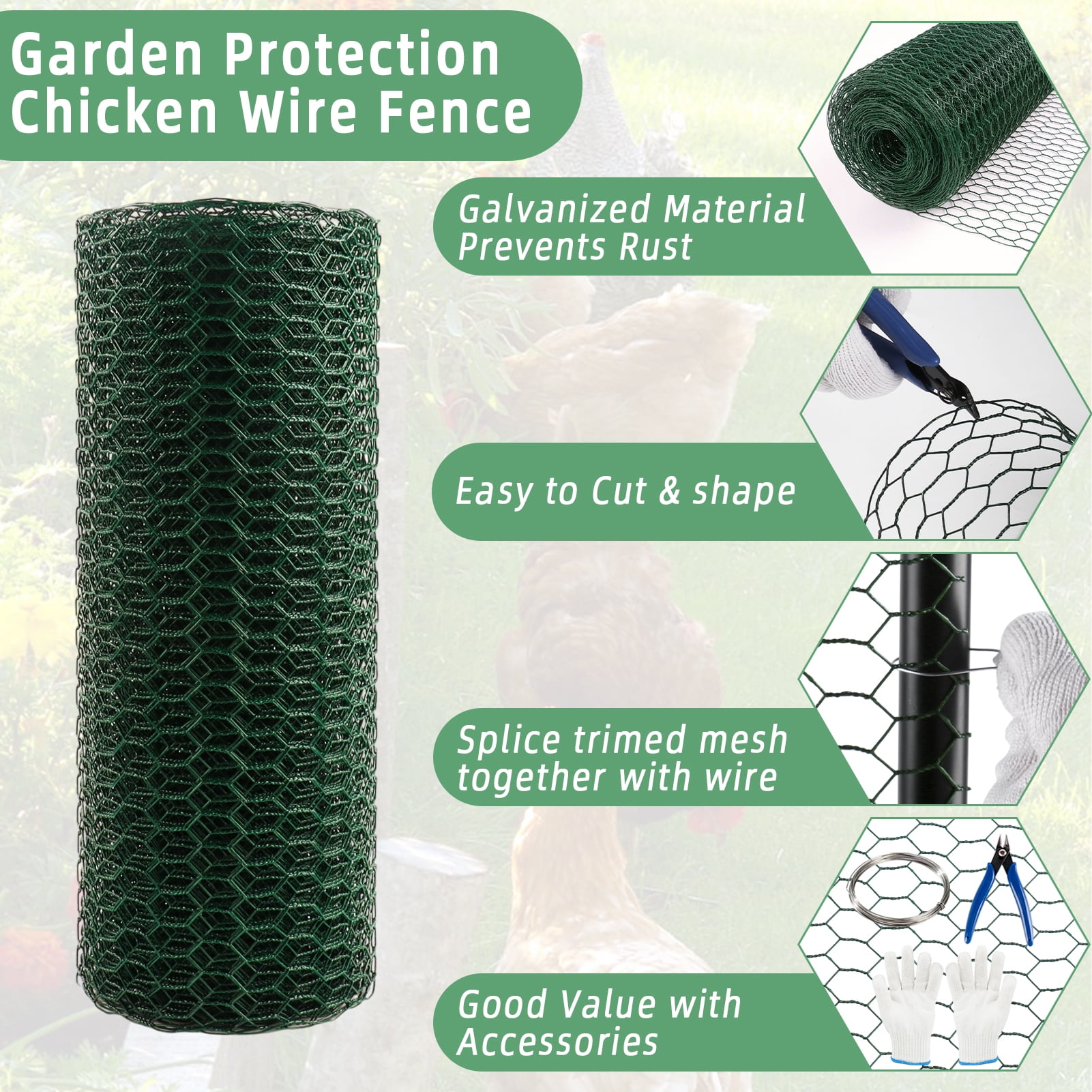 KORALAKIRI Floral Chicken Wire for Crafts, 15.7 x 393.7 Inch Green Mesh, PVC Coated Metal Netting Fence for Crafts, Poultry, Garden