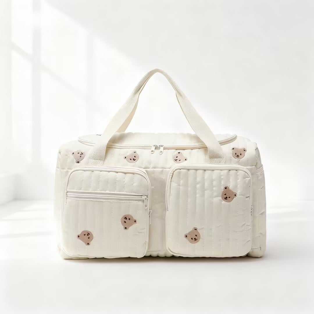 Travel Diaper Organizer Tote, Portable Bear Print Bag with Compartment, Adjustable Strap, Lightweight Carryall, for Commuting, Shopping, Daily Outings