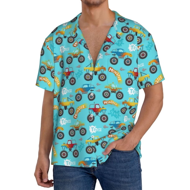 Fotbe Cartoon Monster Truck Camisa Estampada de Manga Corta para Hombre, Casual de Verano, Estilo Playero, Sin Arrugas-4X-Large