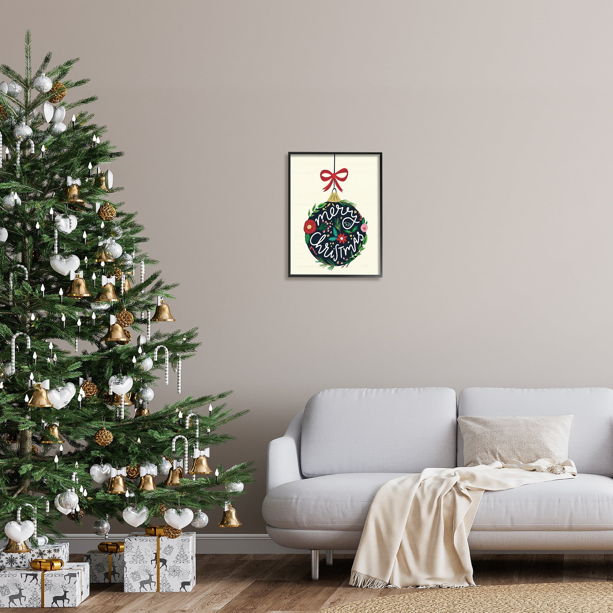 Stupell Industries Merry Christmas Hanging Botanical Ornament Red Bow Graphic Art Black Framed Art Print Wall Art, Design by Louise Allen