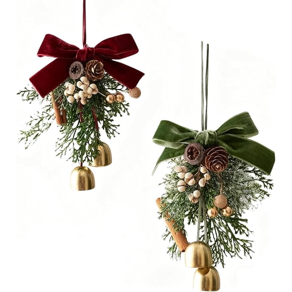 Velvet Christmas Bows with Bells for Christmas Tree Decor | Pine Branch and Pine Cone Hanging Ornaments for Xmas Tree Wreaths, Gifts, and Xmas Holiday Outdoor Home Decor