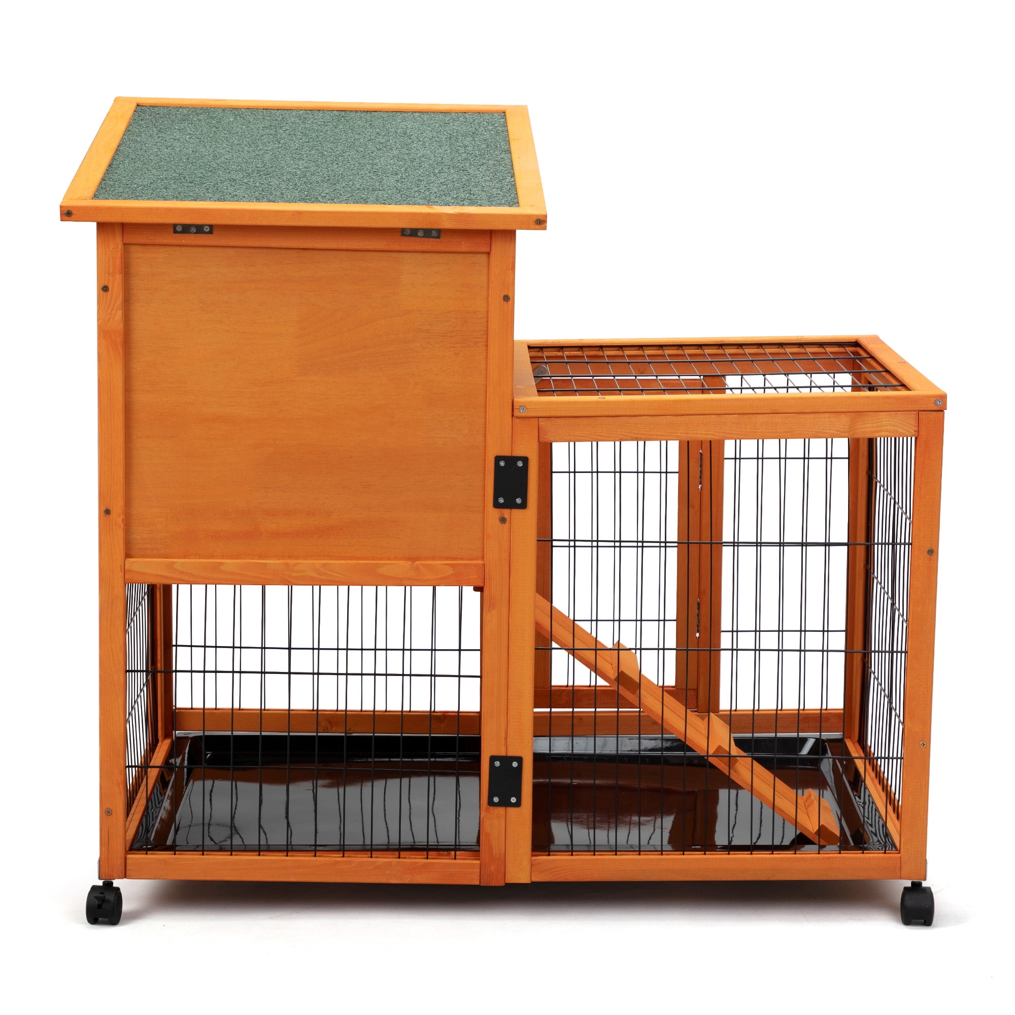 Pefilos 39" Wood Rabbit Hutch for Indoor, Outdoor Chicken Coop, Hen House with Removable Tray, Rolling Casters, Orange