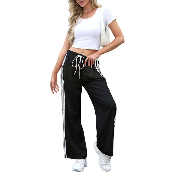 Women'S Wide Leg Pants Drawstring High Rise Side Striped Slouchy Palazzo Pants with Pockets Black White Edges L