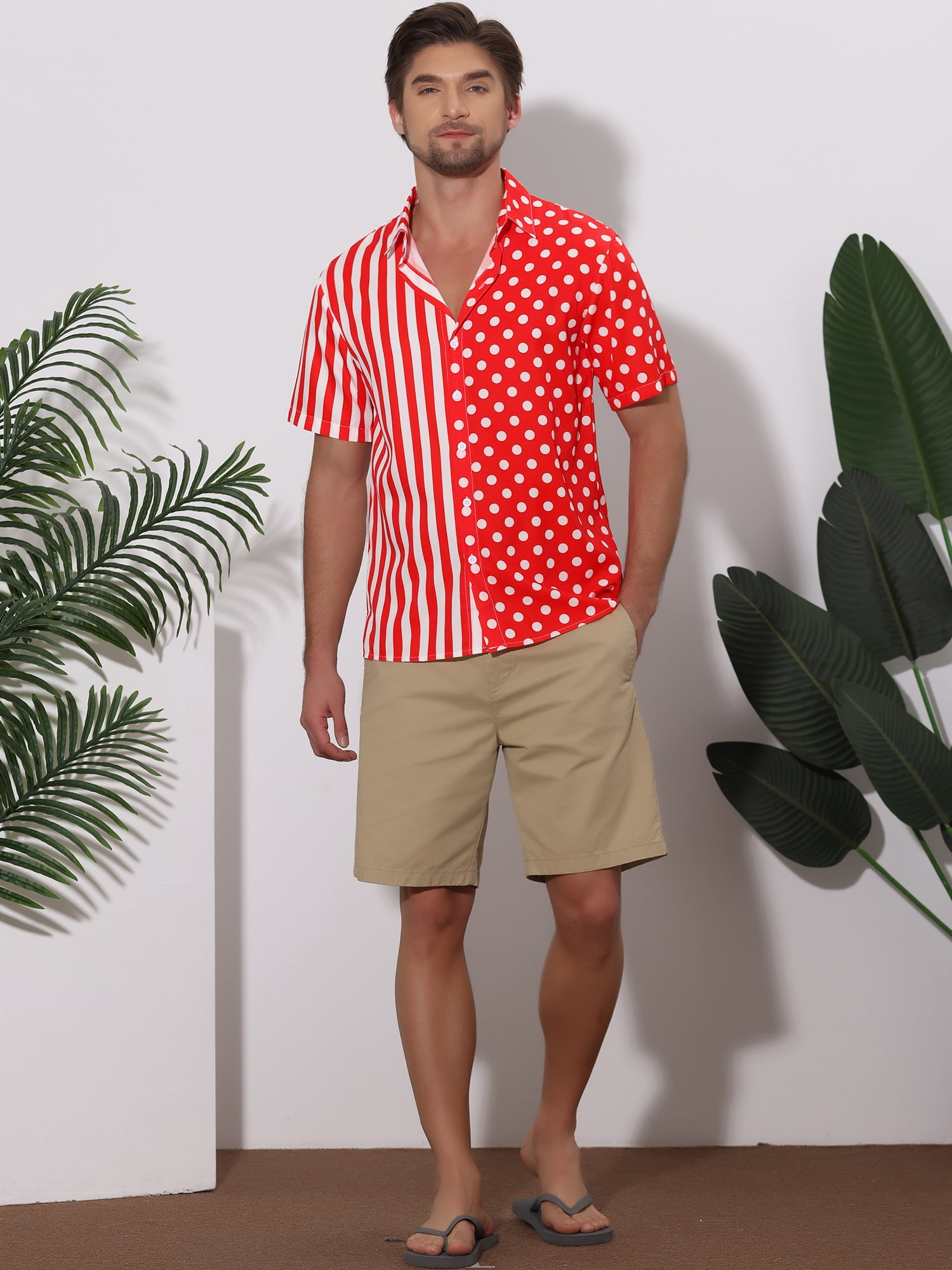 Unique Bargains Men's Summer Stripe Polka Dots Short Sleeves Button Patchwork Shirt L Red White