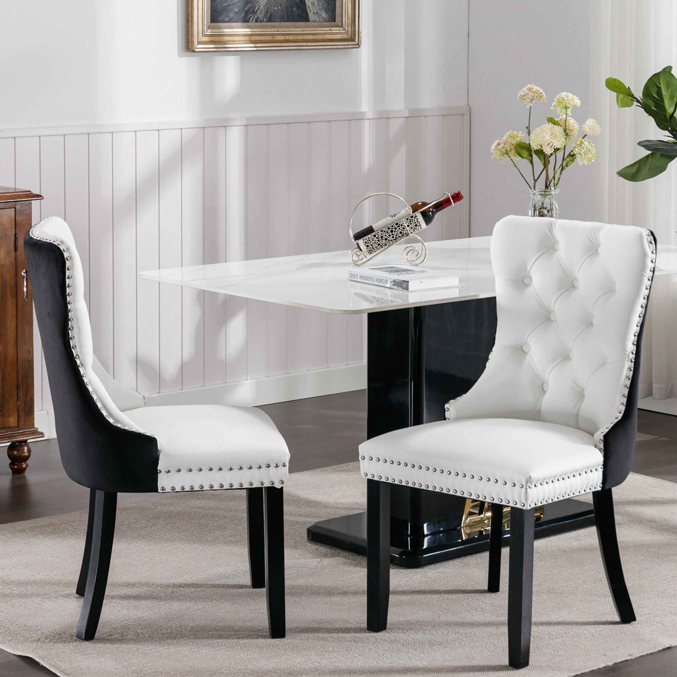 PORKISS Dining Chairs Set of 2, Modern Wood and PU Dining Room Chairs with Back Ring and Nailhead Trim, Upholstered Tufted Velvet Chair with Wood Legs for Kitchen, White/Black