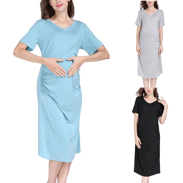 Sentmoon Robe de Maternité Été Surdimensionnée à Manches Courtes Robes de Plage Col Rond Couleur Unie Ample Extensible Robes d'Été Confortables pour les Rassemblements de Vacances L