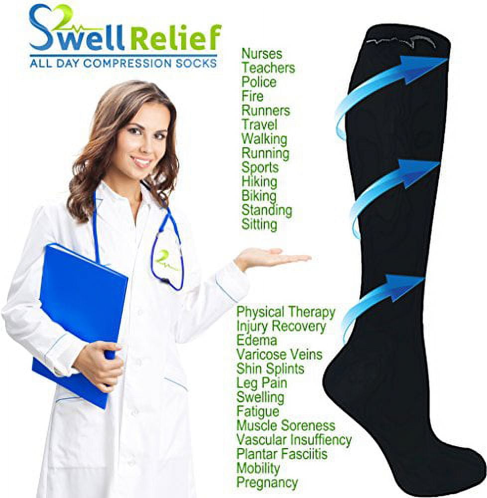 4 Pair Medium Extra Soft Assorted Compression Socks, Moderate/Medium Graduated Compression 15-20 mmHg, For Men and Women. Nurses, Running, Travel & Flight Knee-High. 1 Navy, 1 Khaki, 2 Black