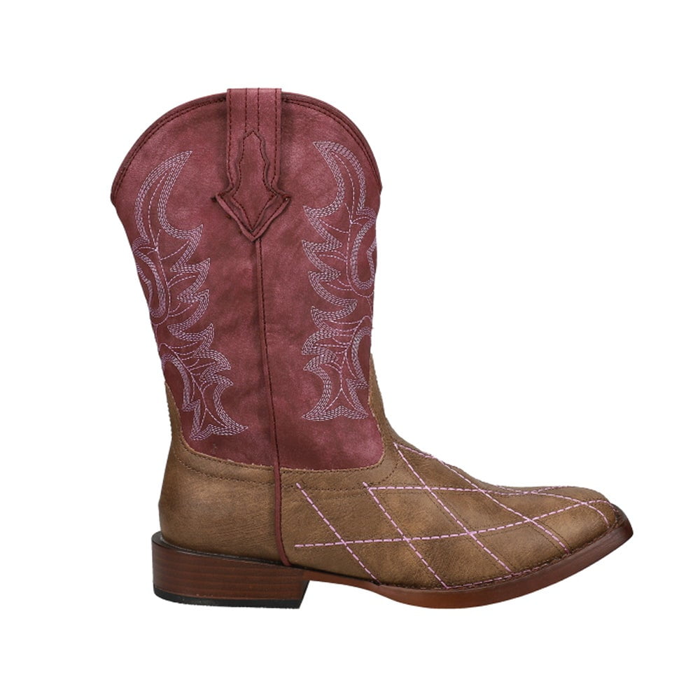 Roper Youth Girls BLUE Cross Cut Brown Vamp Tan Embroidered Shaft Cowboy Boots 