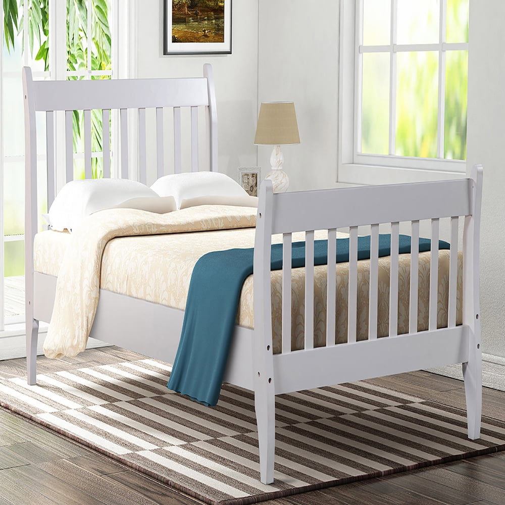 Private Jungle Twin Bed Frame Platform Mattress Foundation with Headboard Solid Wood Slat Support-White
