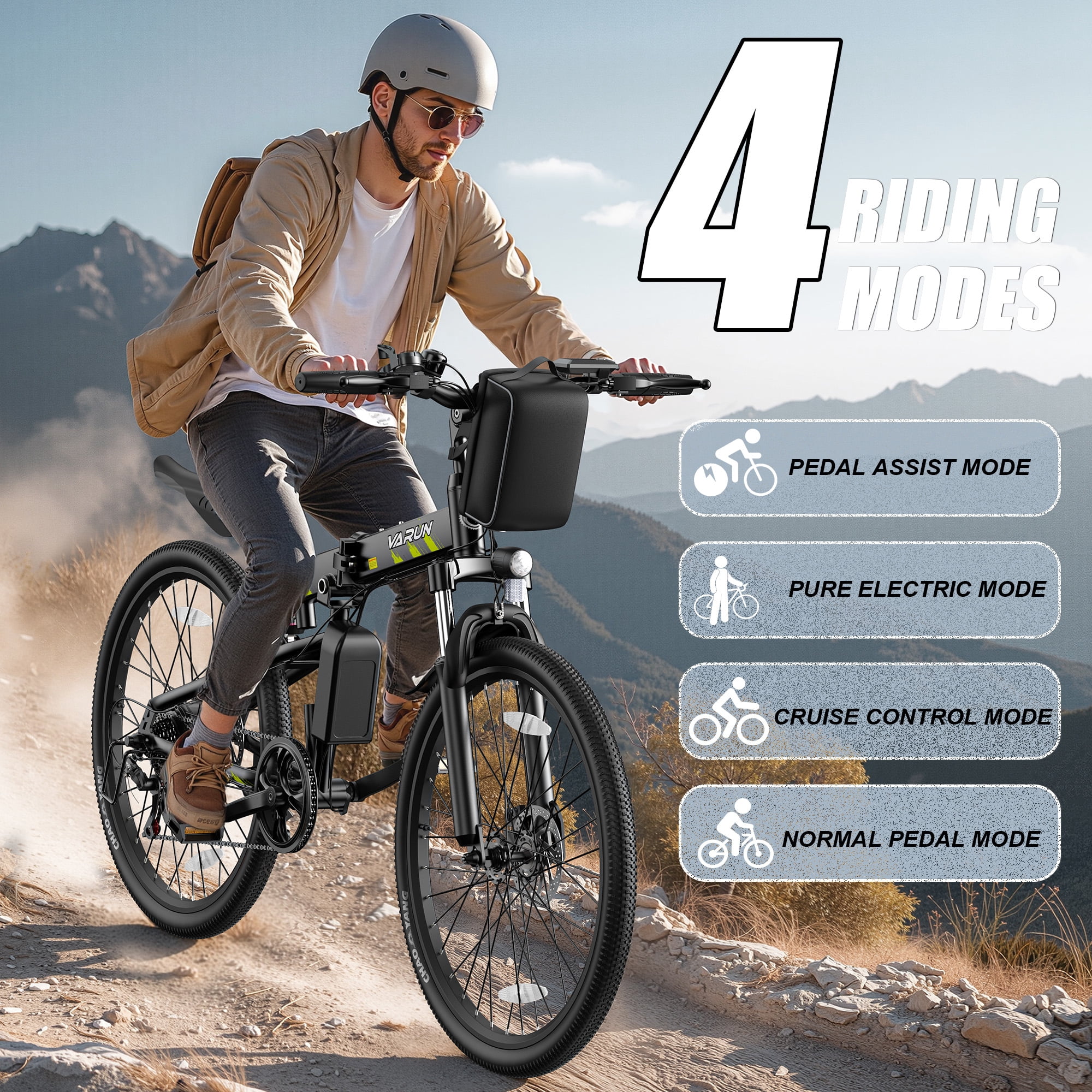 VARUN Electric Bike, 26" Foldable EBike for Outdoor Riding, Peak 750W Motor, 48V 374.4Wh Removable Battery, Up to 20+ mph and 50 Miles, 7-Speed Gears, Full Suspension, E Bike for Adults, UL2849