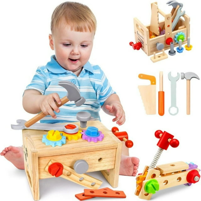 Wooden Tool Set Workbench, Detachable Screws Hand Tools Built-In Storage Educational, Interactive Pretend Repair Play Skill-Building Activities Decor for Home Yard Indoor Outdoor Play Gift