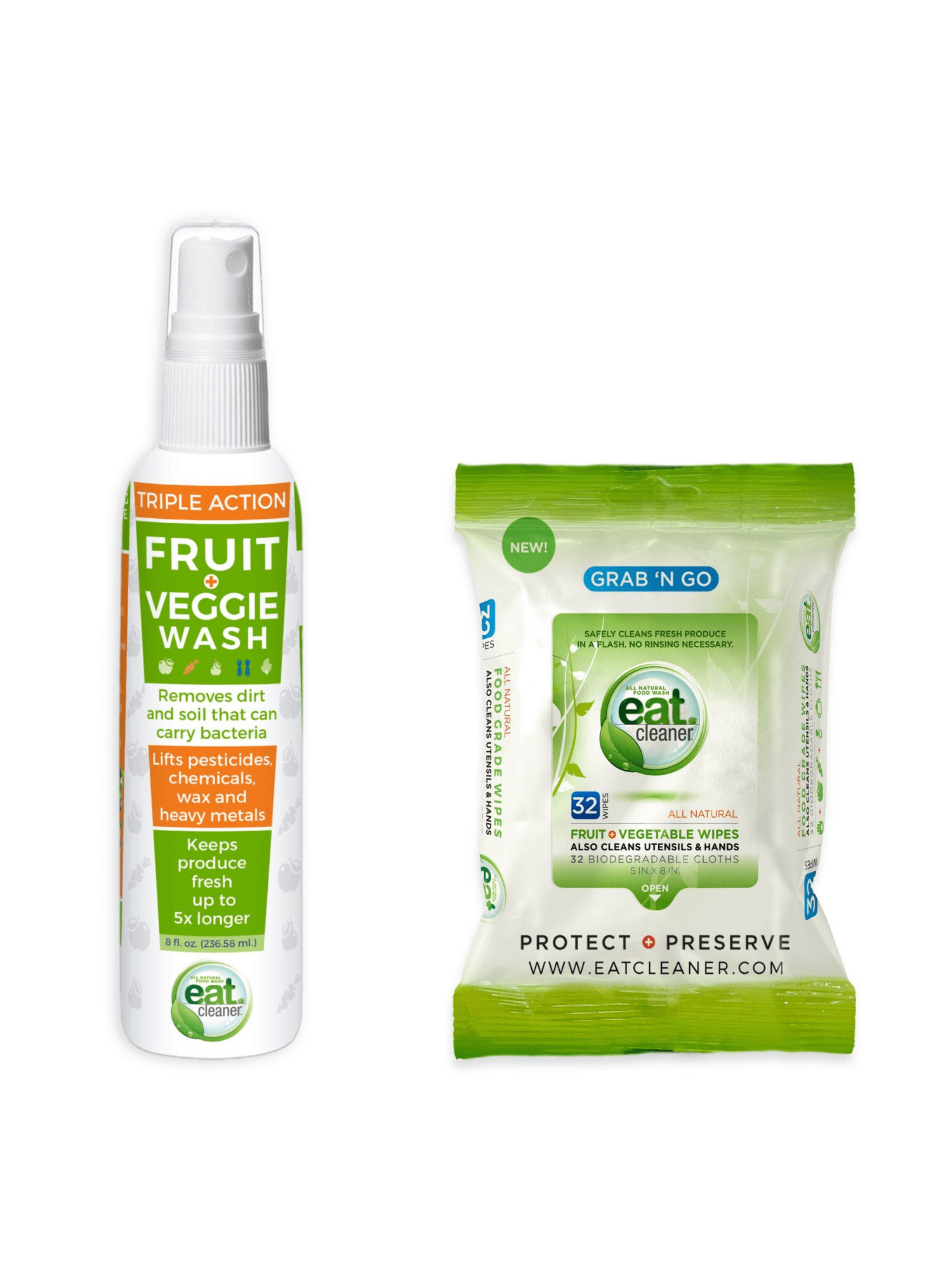 Eat Cleaner Fruit and Vegetable Wash Spray and Food Grade Wipes Bundle