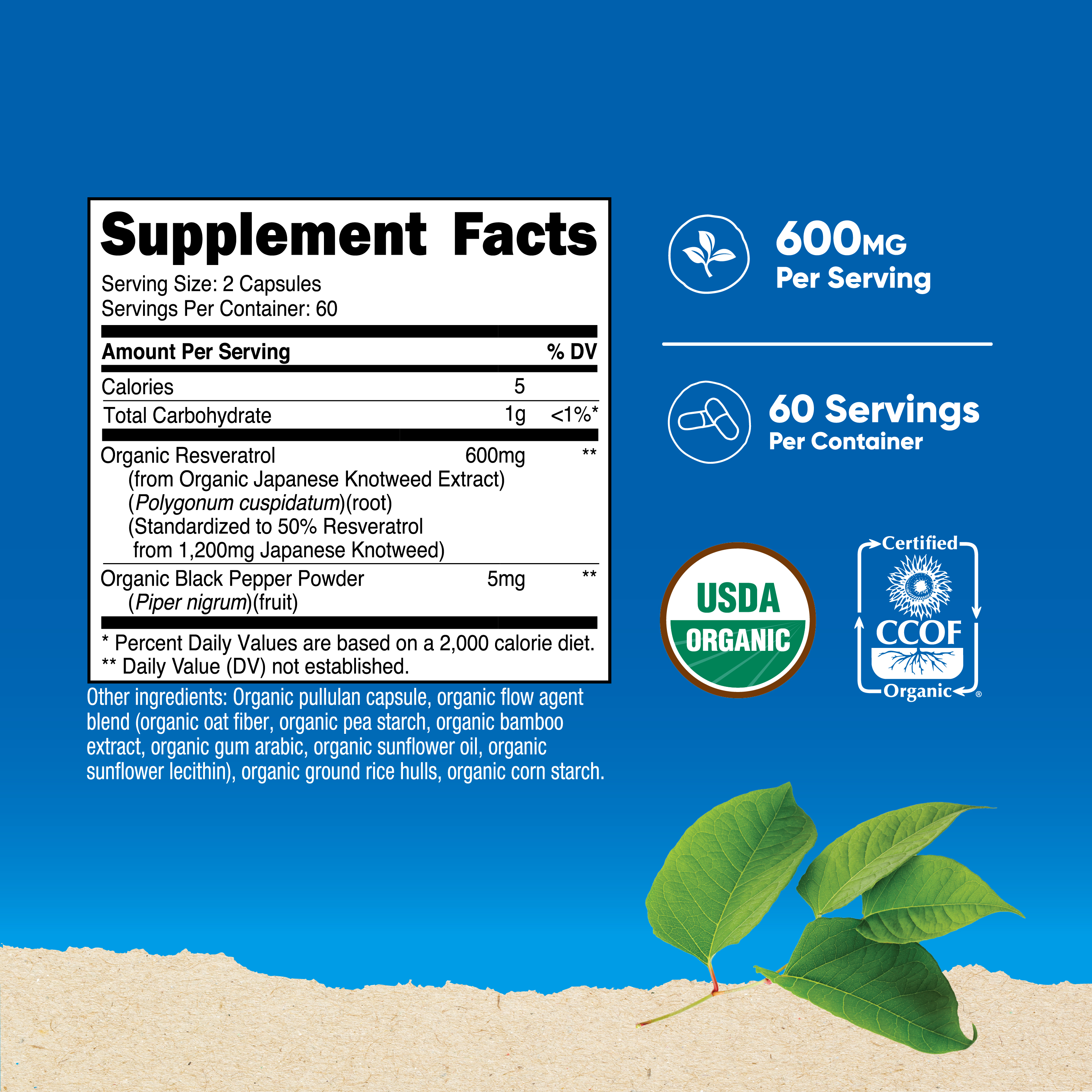 Nutricost Organic Resveratrol (600mg) 120 Capsules - USDA Organic, CCOF Certified, Vegan, GMO-Free, Gluten-free, 60 Servings