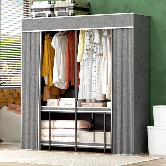 Caulitar 59in Portable Wardrobe Closet, Foldable Clothes Rack with Dustproof Cover, Heavy Duty Carbon Steel Storage Organizer, Black