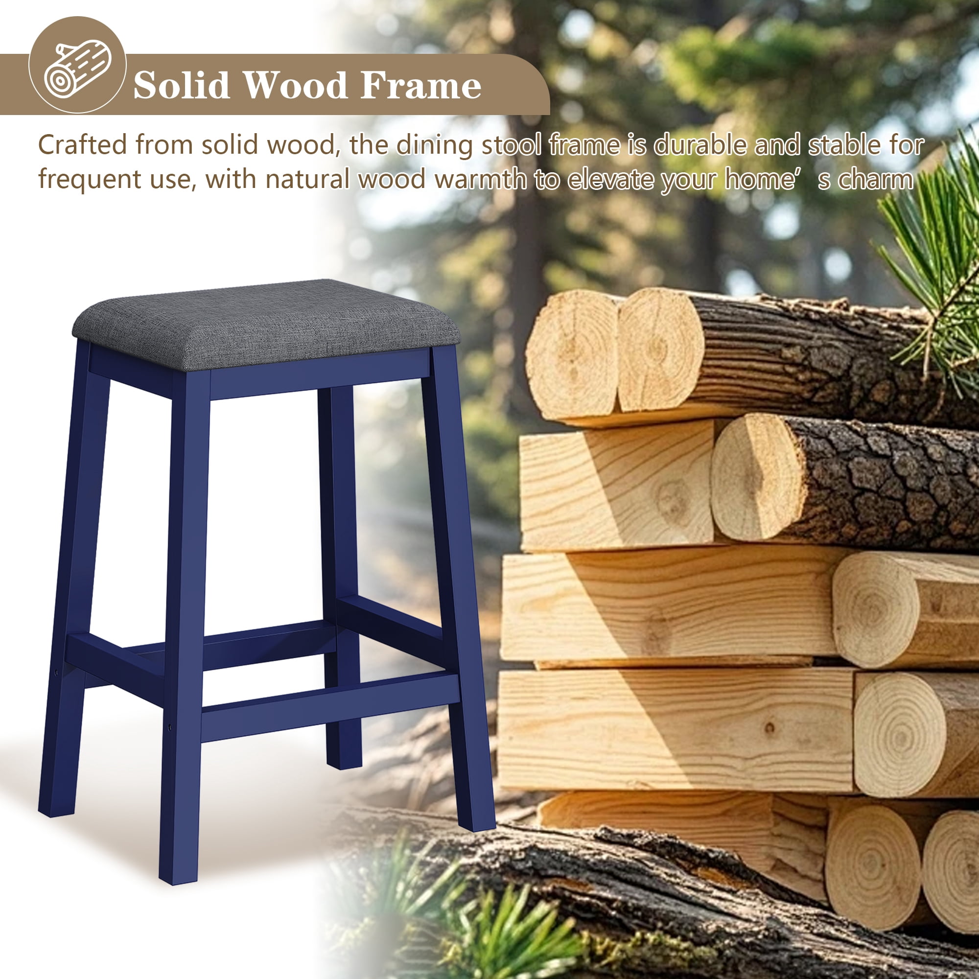 HLR 24.8" Bar Stools, Farmhouse Set of 2 Bar Chairs with Cushion for Kitchen, Dining Room, Cafe Blue