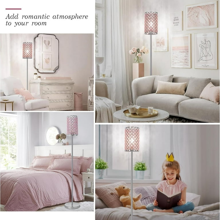 NATYSWAN Crystal Floor Lamp for Bedroom Modern Pink Standing Lamp with on off Foot Switch Minimalism Pole Corner Lamp for Living Room Office Dorm