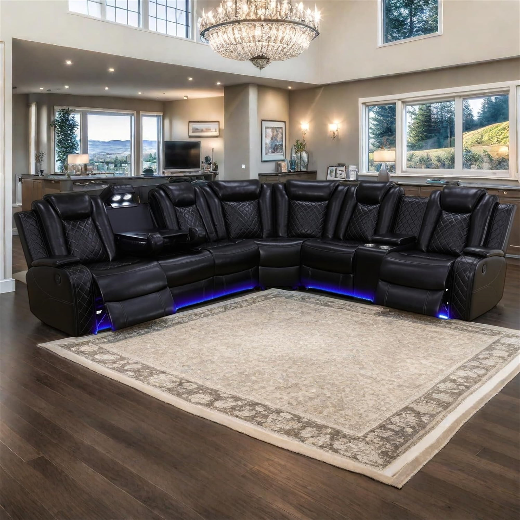 Aukfa 3-Piece Power Recliner Sofa Set 6 Seat Sectional Couch with LED Light, Cup Holders&Storage Console, Black