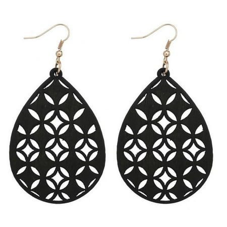 - Women Lightweight Bohemian Wooden Teardrop Cut-Out Dangle Earrings (Black)