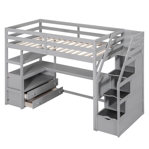 Euroco Twin Loft Bed with Desk and Shelves, Storage Staircase and Drawers, Gray