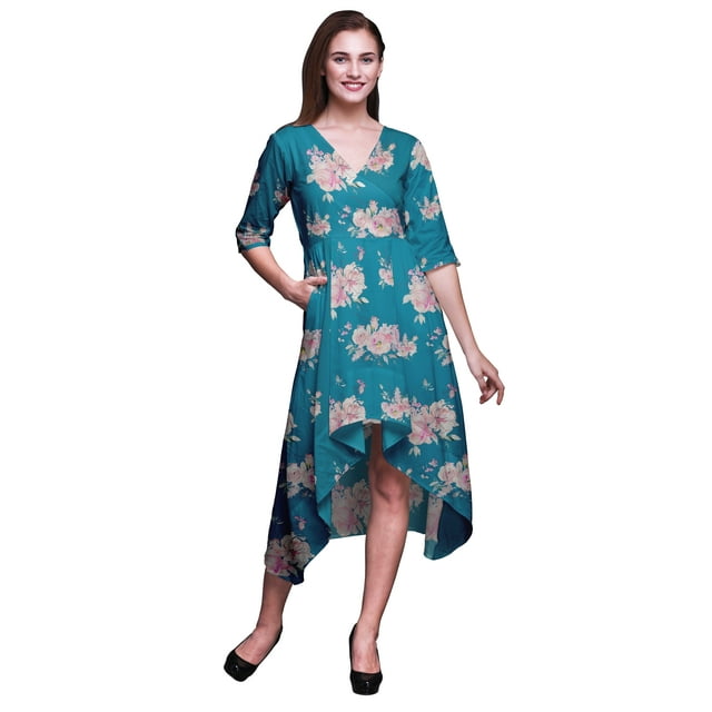 Bimba Cotton Blue Rose & Ranunculus Floral Womens V Neck Asymmetrical Pocket ShiftDressShort Sleeve MidiDress-X-Large