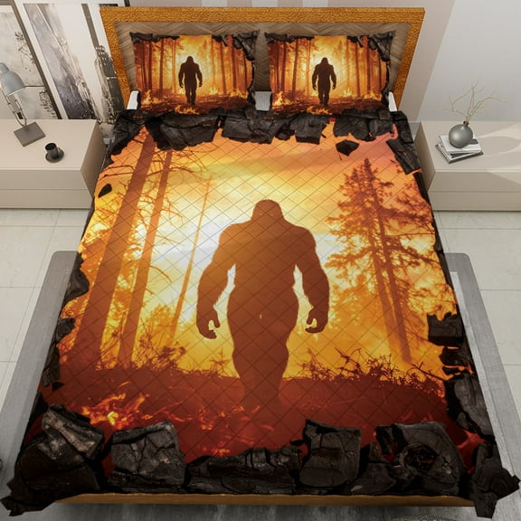 Lotusprinthandmade Bigfoot in Forest Quilt Bedding Set (White Binding) 5 Sizes (Made in Vietnam) (55x60), forest themed bigfoot quilt cover