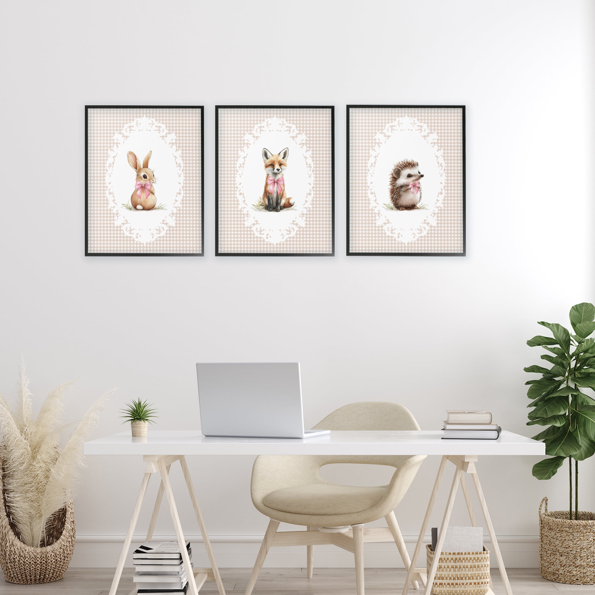 Stupell Industries Vintage Baby Bow Animals 3 Piece Black Framed Giclee Art Set, design by Christine Simpson Art