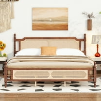King Pine Wooden Bed, Rattan Headboard & Footboard, Central Enhanced Platform, Walnut