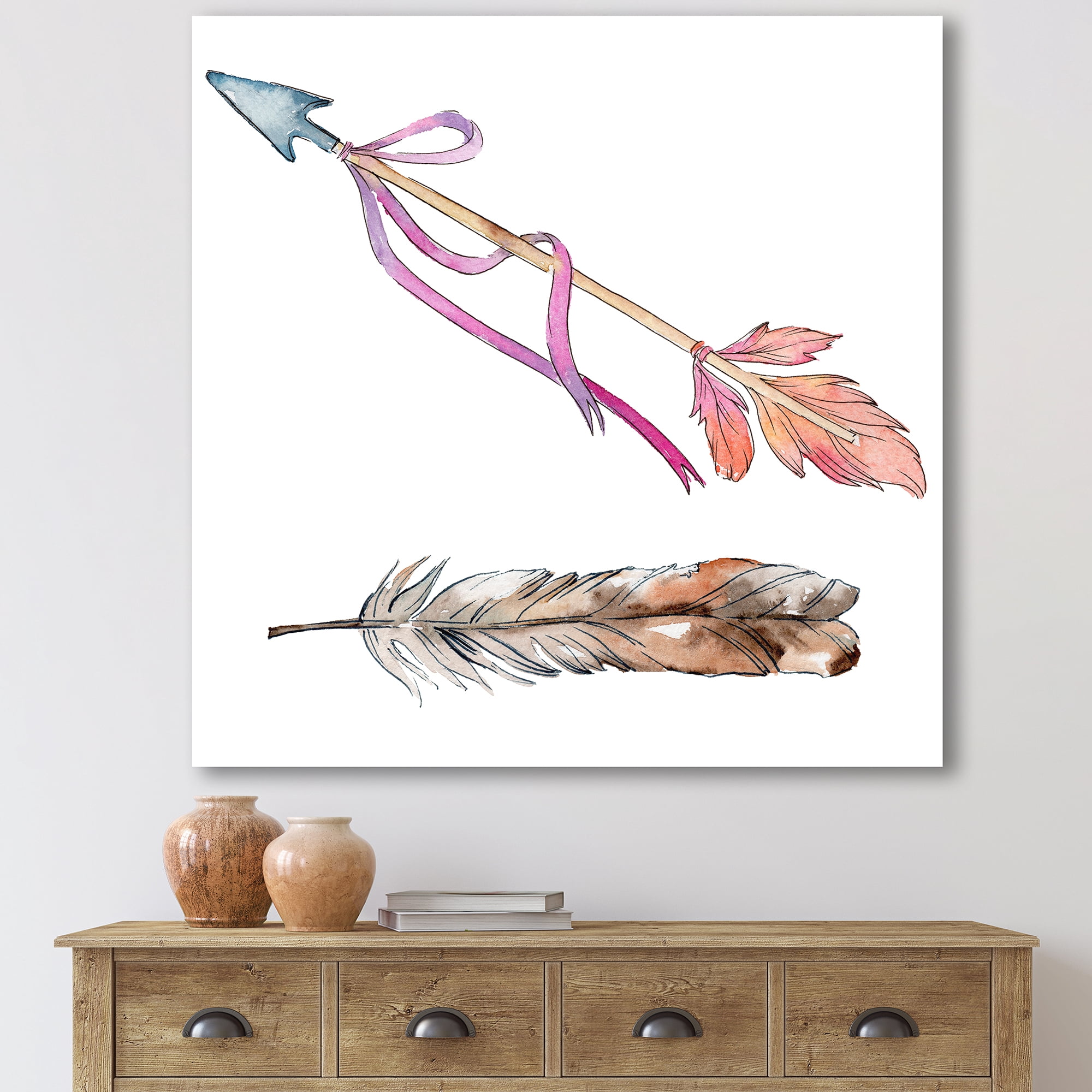Pink Bird Feather From Wing on Arrow 30 in x 30 in Painting Canvas Art Print, by Designart