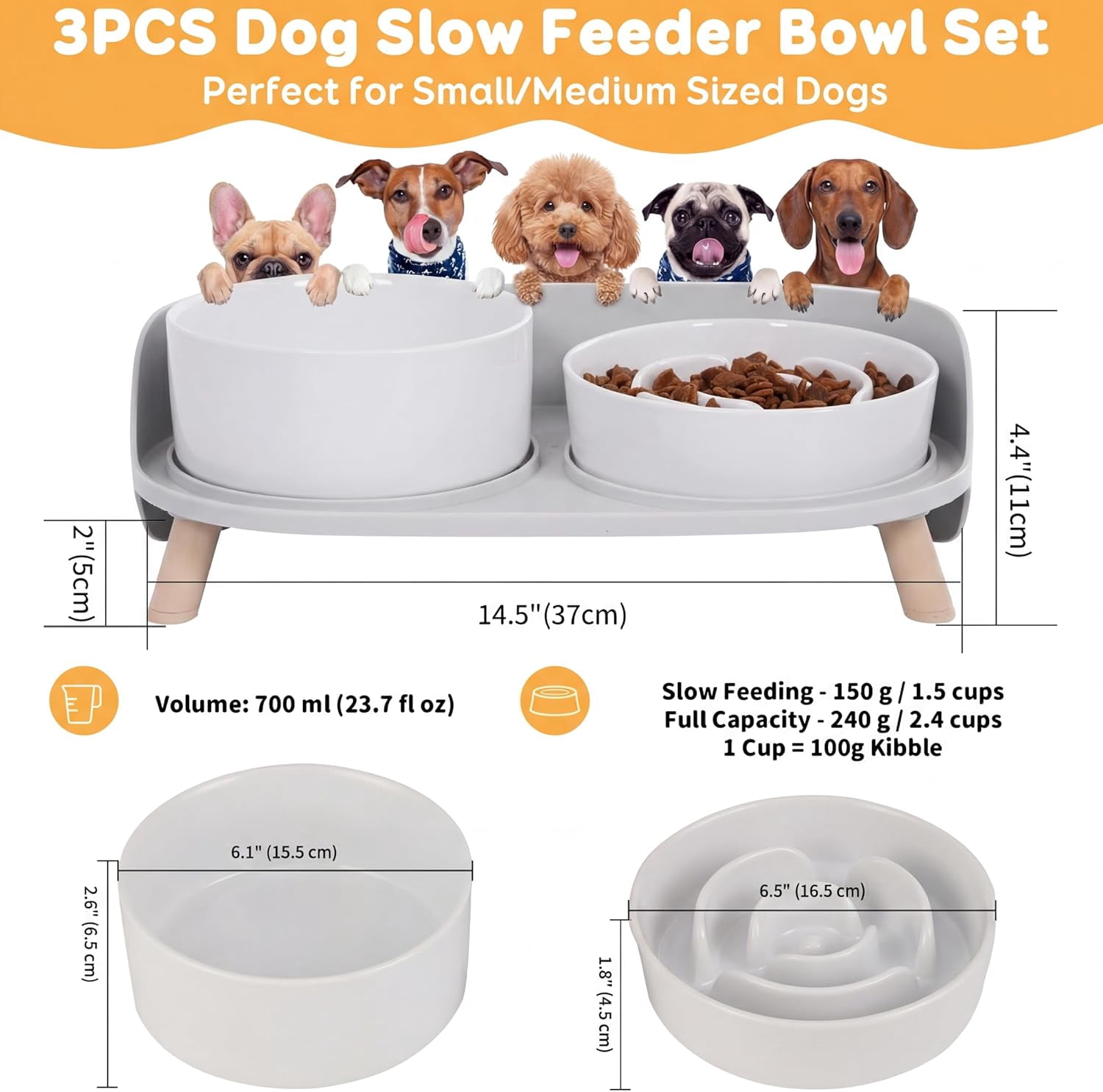 Elevated Ceramic Dog Bowl Set with Stand - Slow Feeder Raised Pet Dishes for Small and Medium Dogs