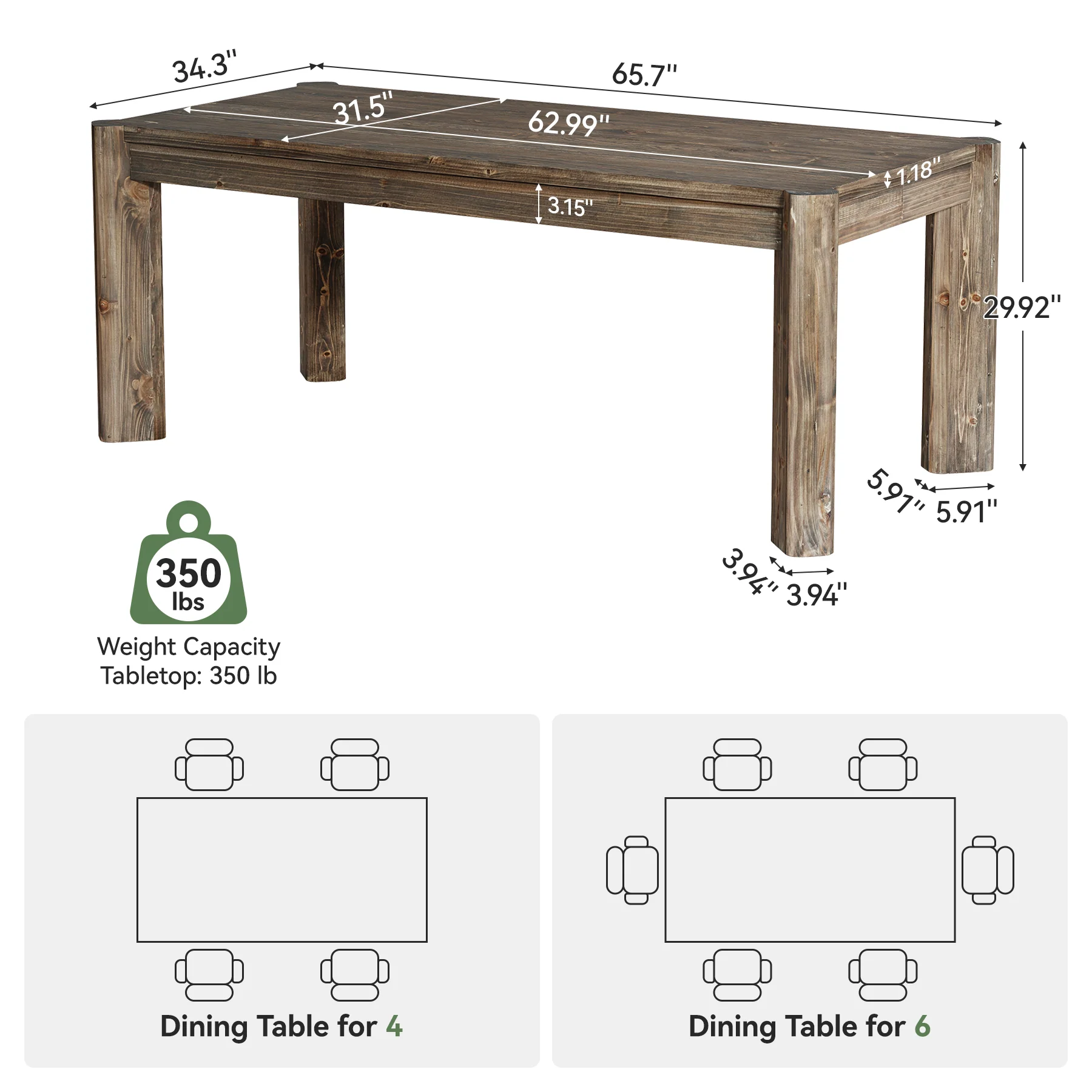 Hommoo 63 Inch Solid Wood Farmhouse Dining Table for 6, Kitchen Table with Sturdy Heavy-Duty Legs, Scratch-Resistant Surface, Walnut