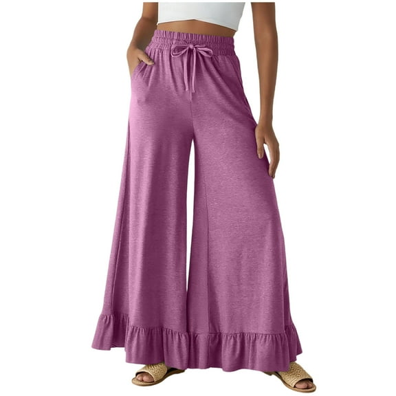 RYRJJ Womens Wide Leg Pants Drawstring Elastic High Waisted Ruffle Hem Palazzo Pants Loose Flowy Lounge Trousers with Pockets(Pink;S)