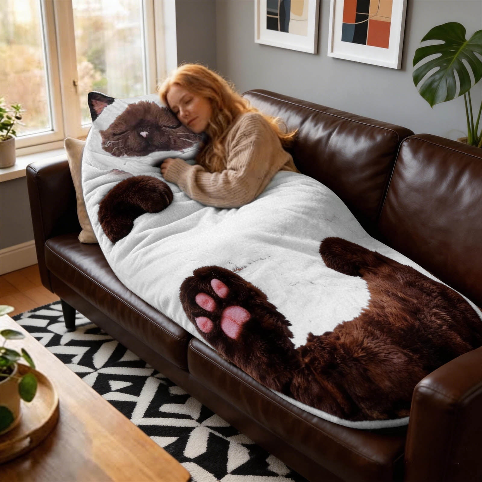 Adult Soft Plush Cat Envelope Sleeping Bag Warm Washable Blanket for Camping Sleepovers Home Lounging