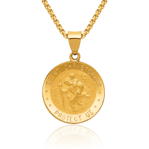 14K Solid Yellow Gold Saint Christopher Medal Patron of Travelers Athletes Protection Necklace Christian Religious Chain Pendant Faith Charm