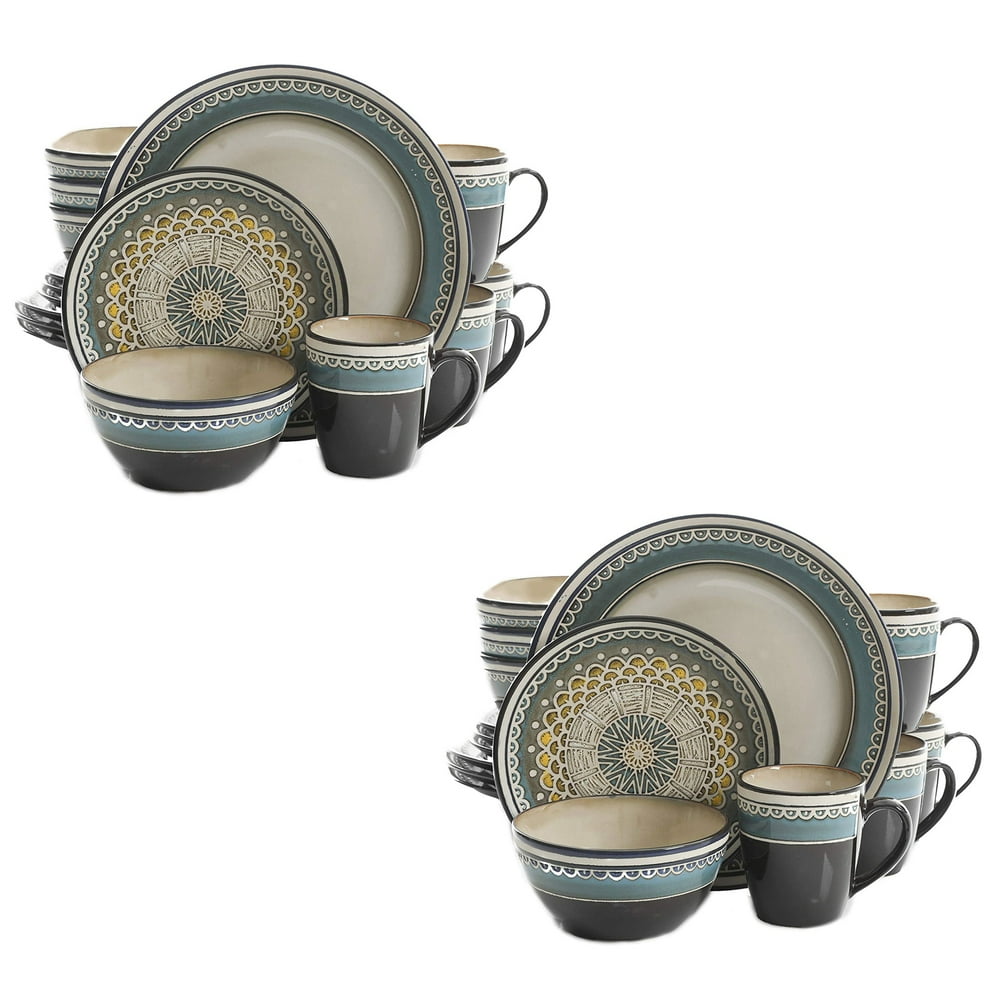 Gibson Elite 16 Piece Glazed Dinnerware Set Plates, Bowls, & Mugs, Teal