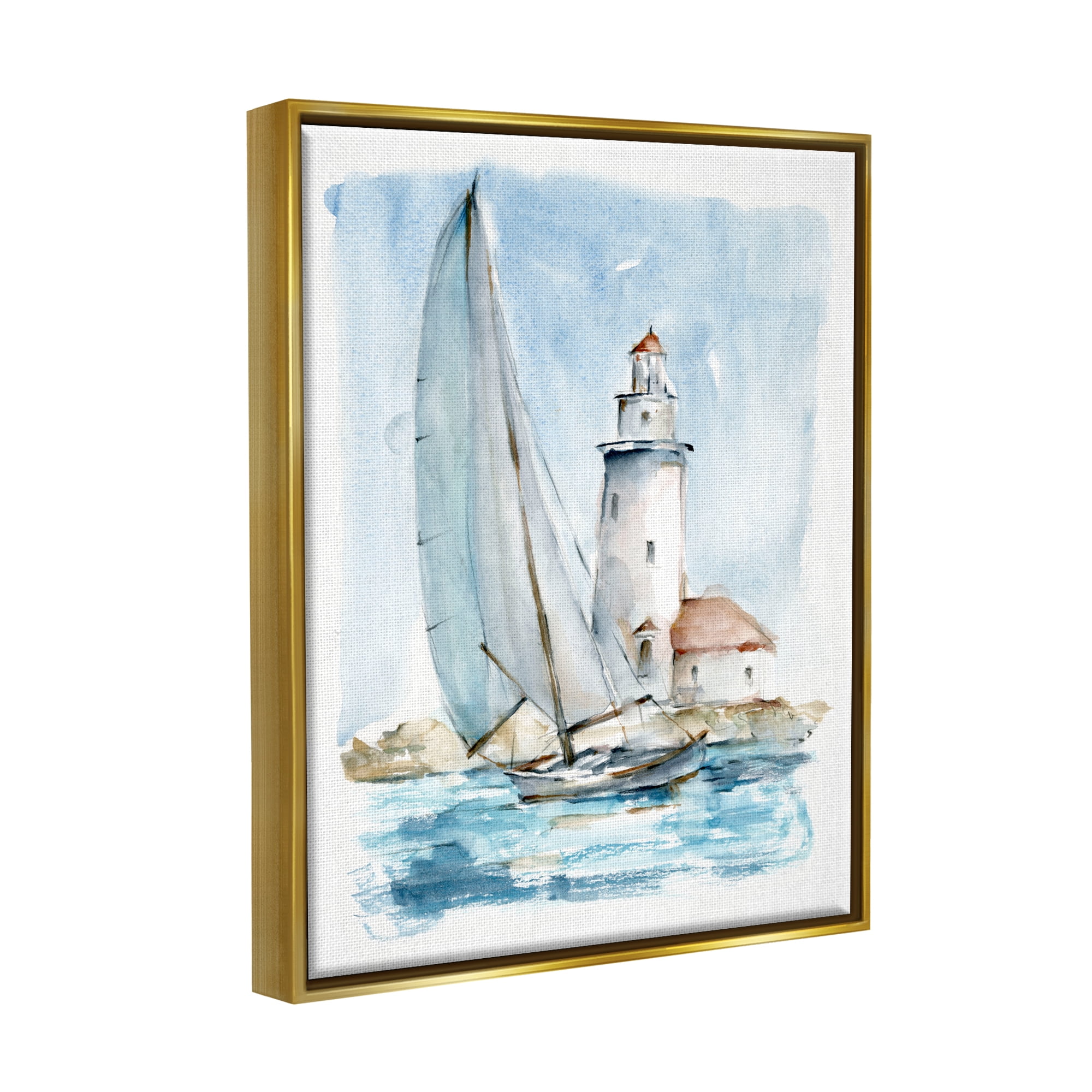 Stupell Industries Nautical Sailboat & Lighthouse Coastal Painting Gold Floater Framed Art Print Wall Art