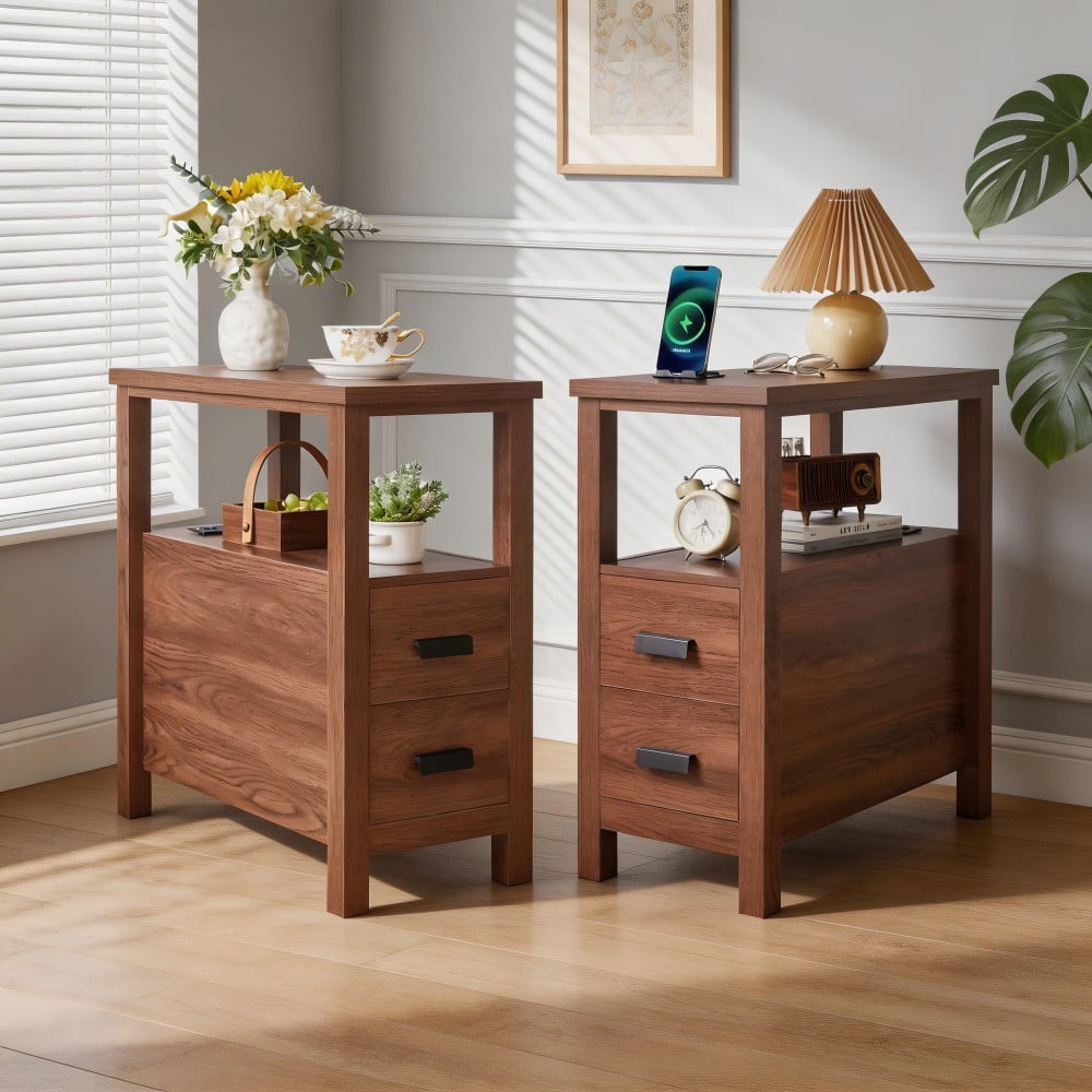 End Table with Charging Station, 2 USB Ports & 2 Outlets, 2-Drawer Nightstand, Small Wood Bedside Table, Rustic Side Table for Bedroom & Office, Walnut