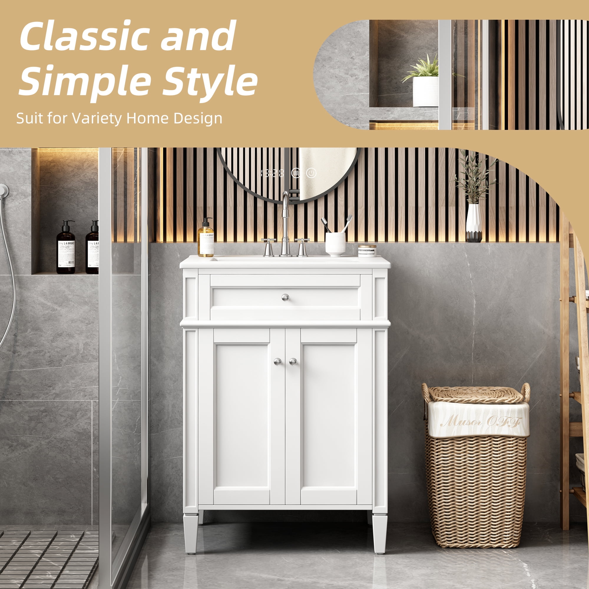 Euroco 24" Bathroom Vanity with 2 Doors and Tip-Out Drawer, Bathroom Storage Cabinet with Sink, Soft-Closing Doors with Organizers