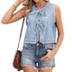 thumbnail image 2 of Camisetas Sin Mangas de Mezclilla con Lazo Frontal para Mujer, Camisetas Informales de Cuello Redondo Sin Mangas con Volantes para y Verano Azul M, 2 of 9