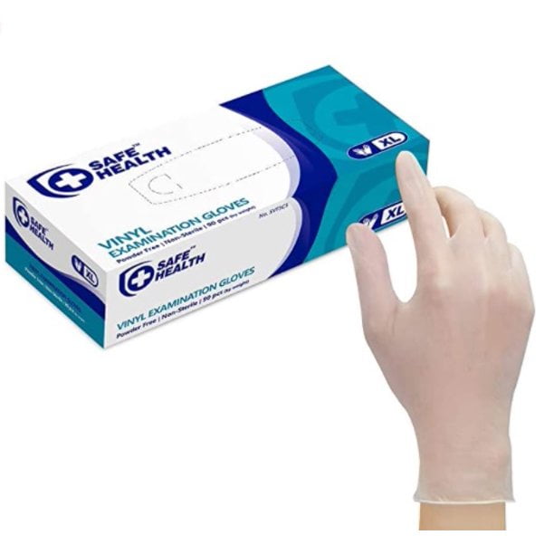 Safe Health Vinyl Exam Gloves, Box of 100, Disposable, Powder-Free, Latex-Free, XLarge, Clear SVF4C3-BX-XL